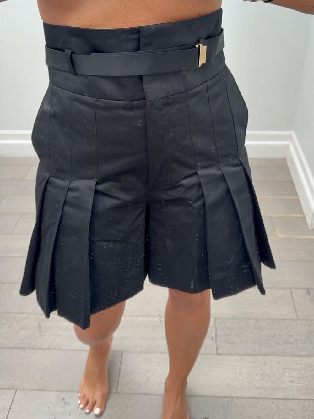 Yves Saint Laurent Black Pleated High-Waist Bermuda Shorts with Belt